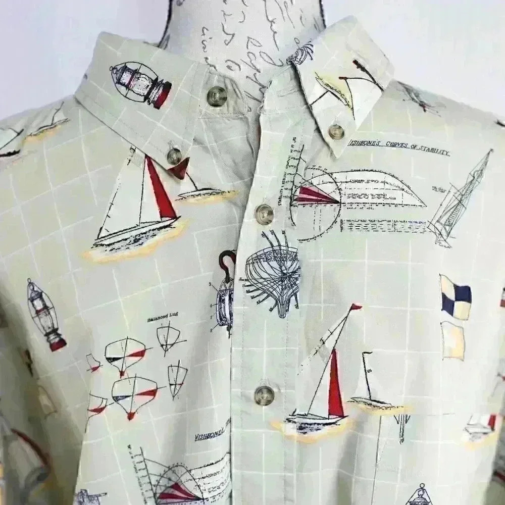 Puritan size 3XL 100% cotton nautical theme short sleeve button down shirt tan - Picture 3 of 16